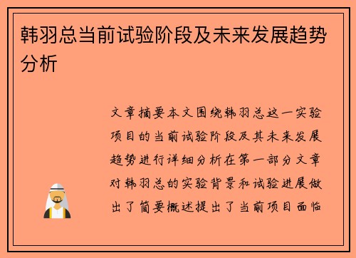 韩羽总当前试验阶段及未来发展趋势分析