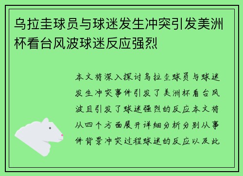 乌拉圭球员与球迷发生冲突引发美洲杯看台风波球迷反应强烈